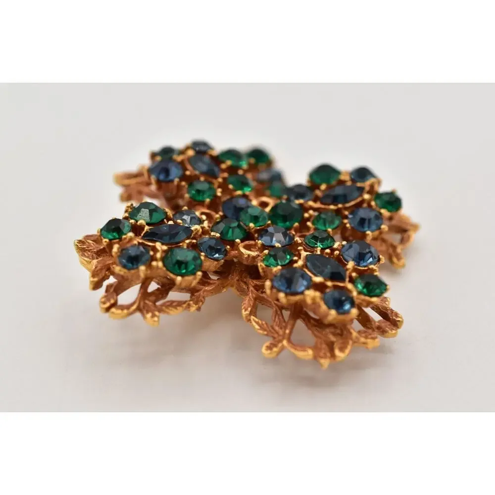 BSK Vintage Crystal Clover Pin Brooch Green Blue Rhinestone Gold Signed BinBG